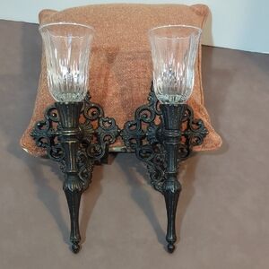 Vintage Pair Ornate Scroll Metal Taper Wall Sconces Black Gothic Votive Globes